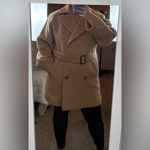 Calvin Klein Vintage 100% Wool Pea Coat Tan Waist Tie Two Button - Picture 15 of 15